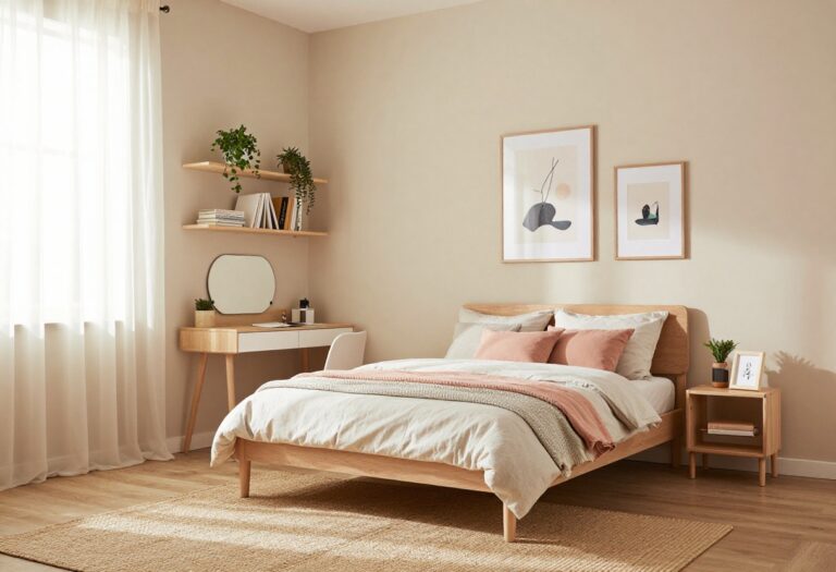 Cozy small girl's bedroom with layered bedding, wall-mounted desk, floating shelves, gallery wall, and soft lighting.