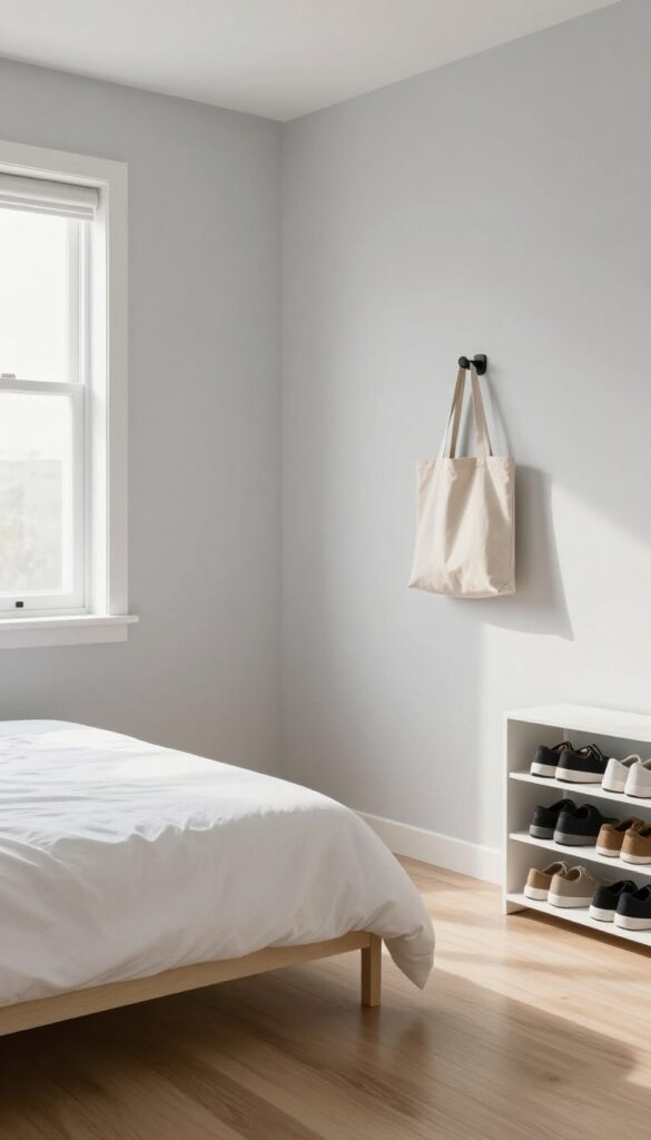 Minimalist bedroom with clear floor, wall-mounted hook for bag, and slim shoe rack, bright natural light