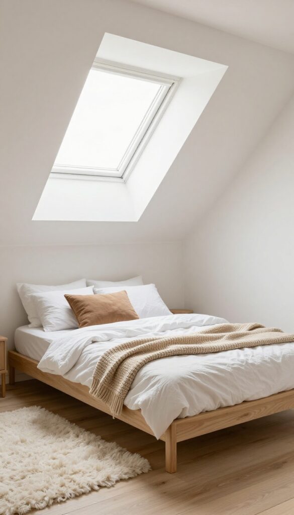 Low-profile platform bed in attic bedroom with sloped ceiling, cozy textiles, and natural light