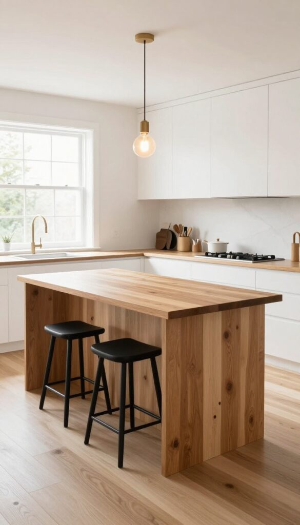 Black kitchen island with wooden countertop, white cabinets, and stools in a bright kitchen