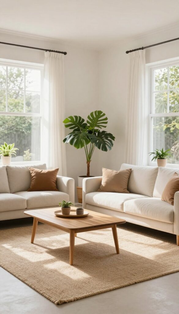 Layered rugs in a light and airy living room with a jute rug over a neutral carpet