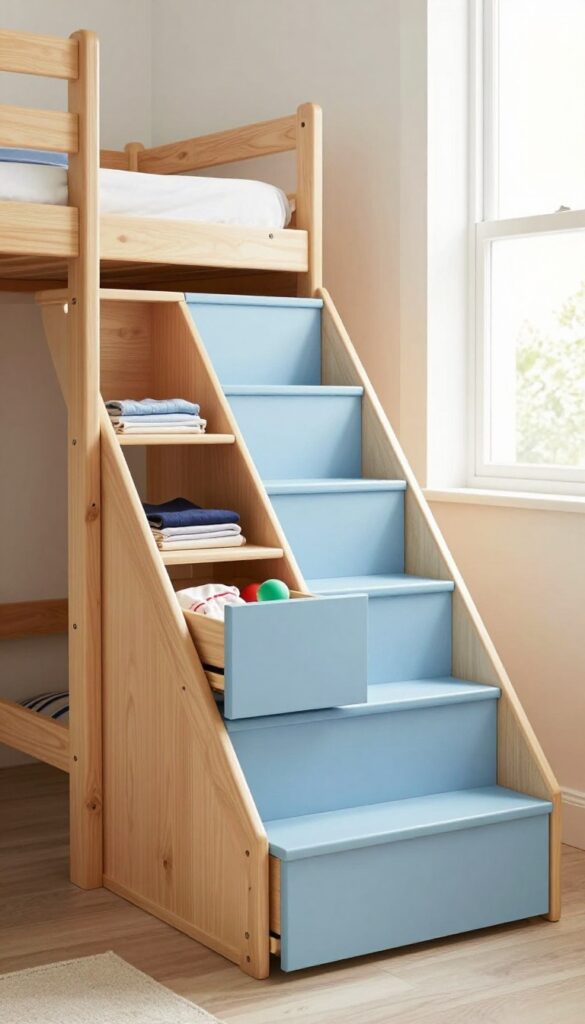 Bunk bed with storage stairs featuring pull-out drawers and cubbies, bright natural light, clean composition