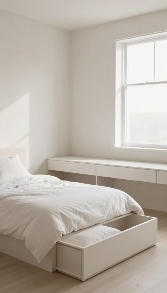 Small bedroom with platform bed featuring built-in storage drawers, neutral bedding, and natural light.