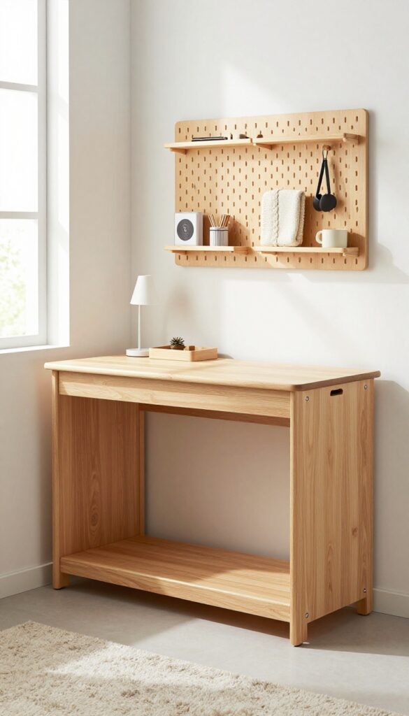 A Murphy bed folded up as a desk in a cozy guest room with wooden finish, soft textiles, and natural light.