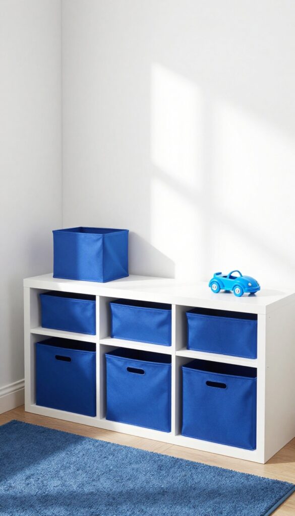 Three navy blue woven storage bins on a shelf under a window in a bright children's bedroom, filled with toys and books.