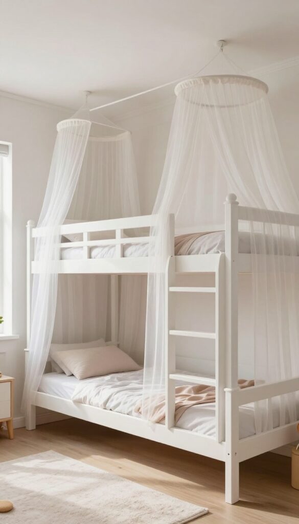Children's bedroom with two bunk beds featuring sheer hanging canopies creating cozy sleep zones.