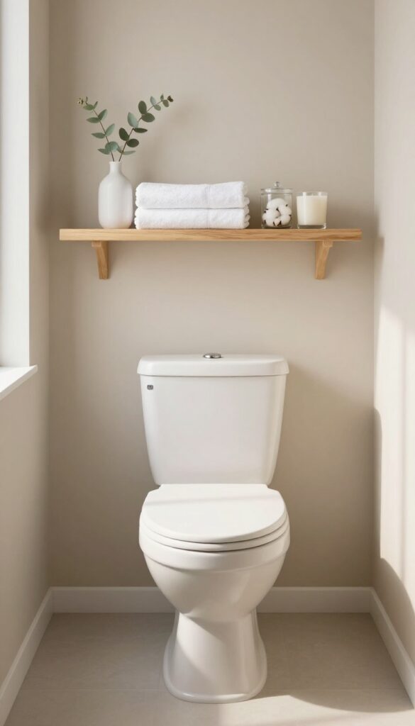 Floating shelves above toilet with towels, jar, vase, and candle in bright bathroom