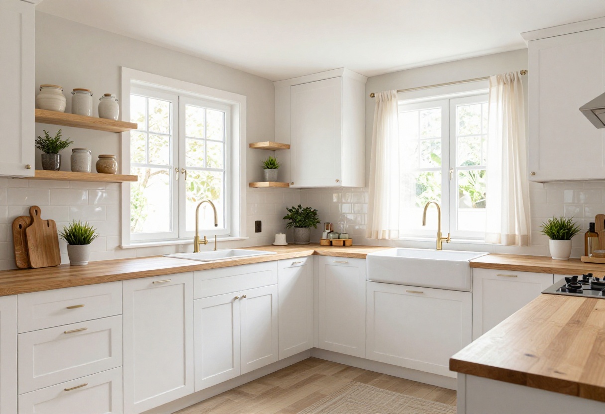 Bright open kitchen with white cabinets, open shelving, plants, and a breakfast bar in a light-filled Indian home