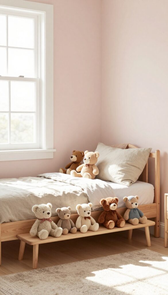 Multi-functional toy bench with storage in a small kids' bedroom, featuring a soft cushion and stuffed animals inside, placed at the foot of a bed with natural light.