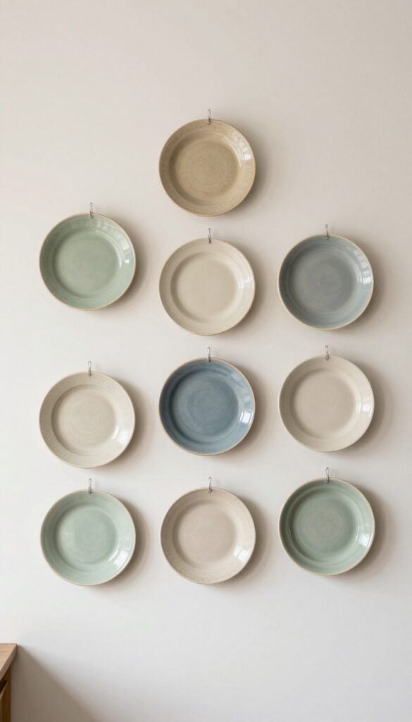 Cluster of vintage-inspired ceramic plates in muted earthy tones arranged on a kitchen wall