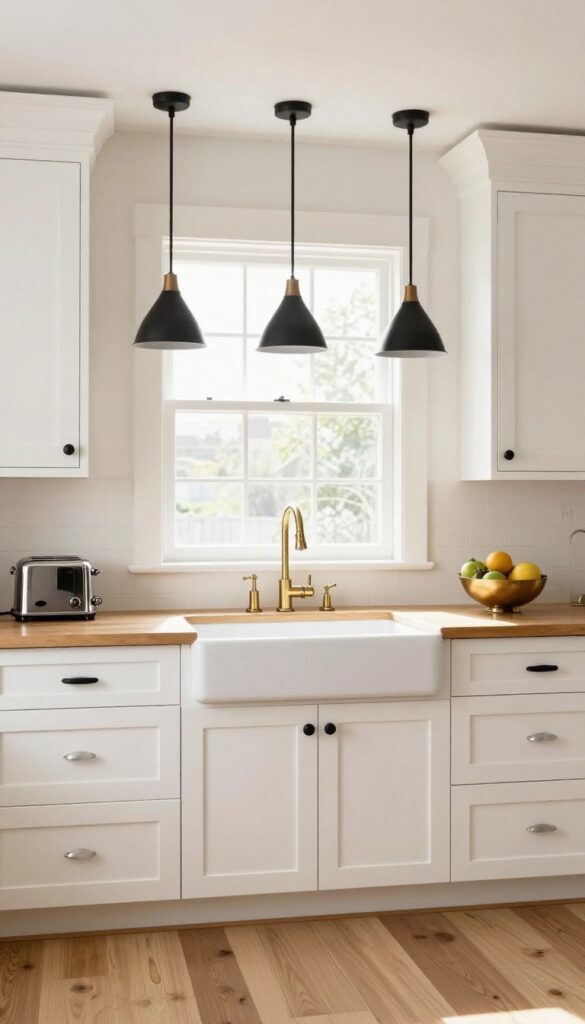 Farm kitchen with mixed metal finishes: brass faucet, black pendants, chrome knobs, and brass accents on neutral white and wood backdrop.
