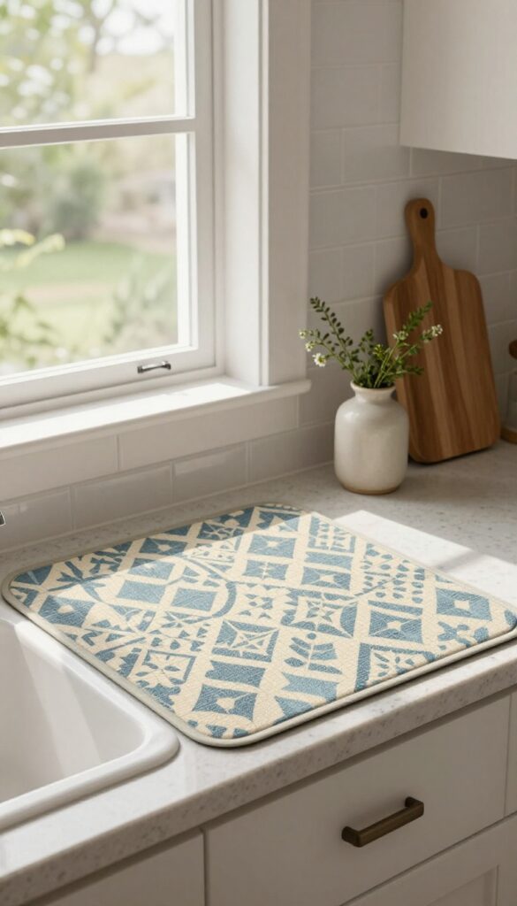 Patterned vinyl kitchen mat in front of sink with natural light and countertop details