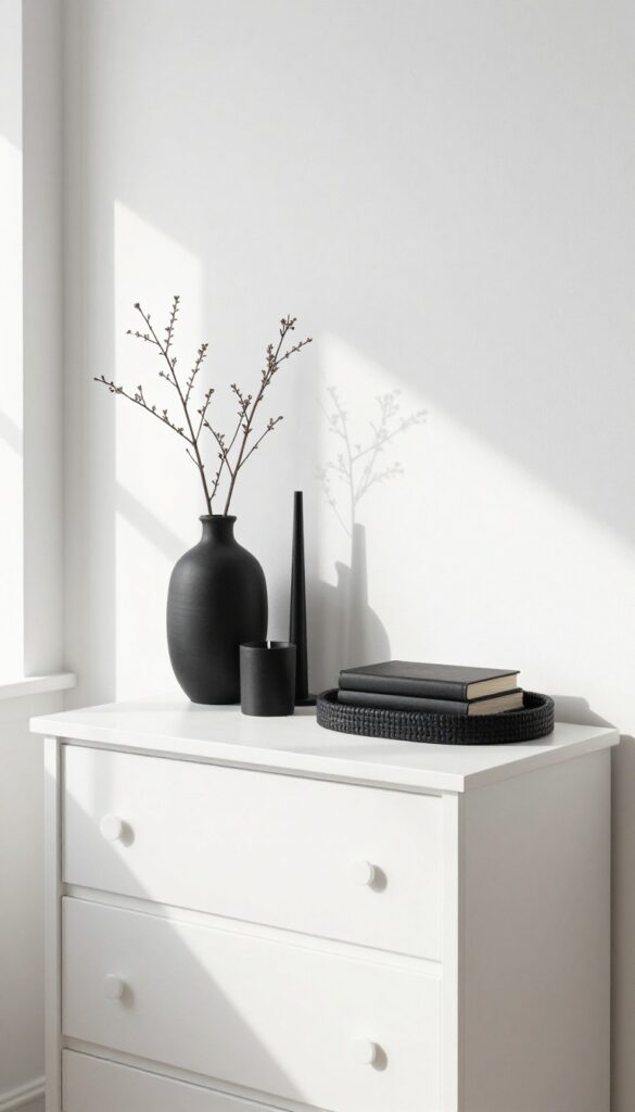 White dresser with black decor objects in a bright bedroom