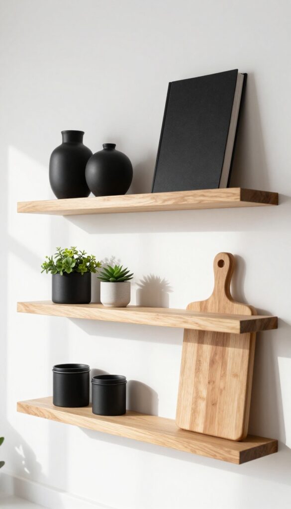 Warm wooden floating shelves with black accents in a bright kitchen