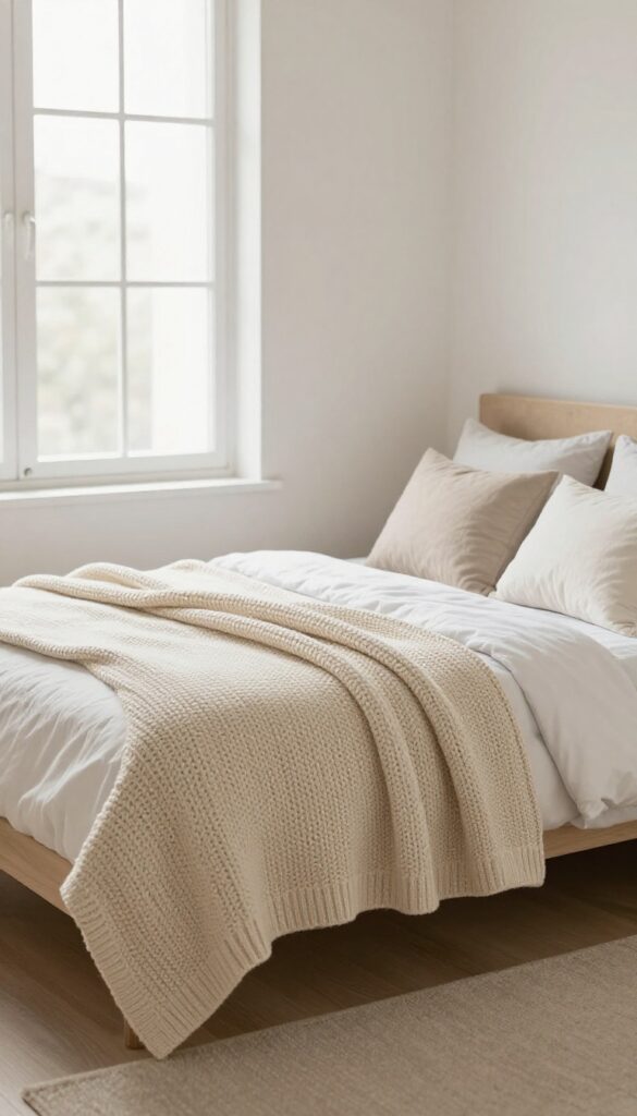 Cozy kids bedroom with chunky knit throw on bed