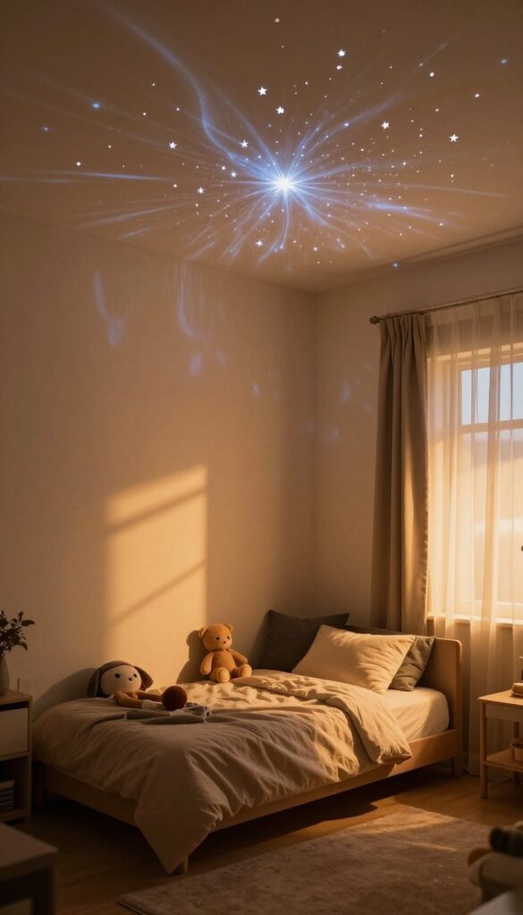 Toddler boy's bedroom with star projector creating a magical night sky on the ceiling, warm lighting, cozy bed with soft toys, blackout curtains, inviting atmosphere.