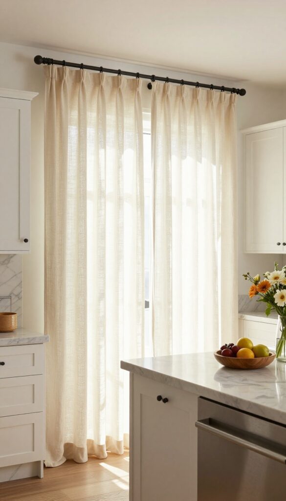 Large kitchen with floor-to-ceiling cream linen curtains on a window, warm natural light, white cabinets, marble backsplash, and central island.