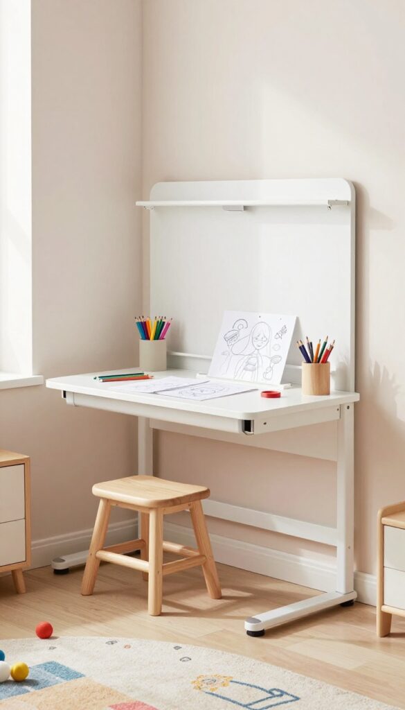 A fold-down desk in a kids' bedroom, set up for homework and art, with natural light and a tidy, playful room.