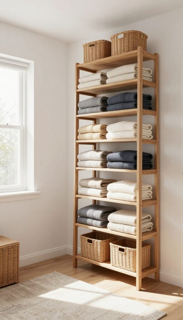 Small bedroom with high shelves and a rolling ladder, bright natural light, cozy storage solution.
