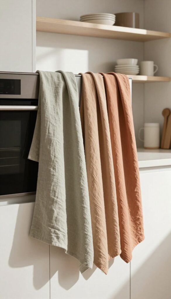 Three layered linen dish towels in soft sage, warm oatmeal, and pale terracotta draped over an oven handle in a bright, earth-toned kitchen.