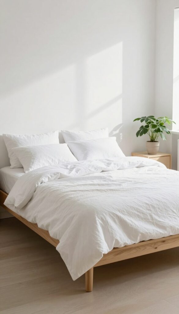 Low-profile bed frame in a small, calm adult bedroom with white bedding and natural light
