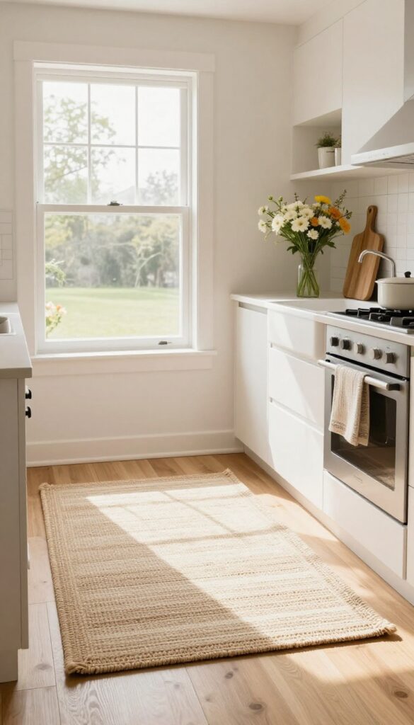 Layered jute rug and cotton mat in a kitchen