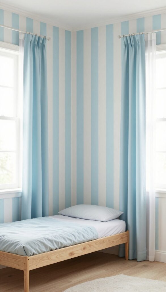 Kids bedroom with striped wallpaper and under-window bench storage