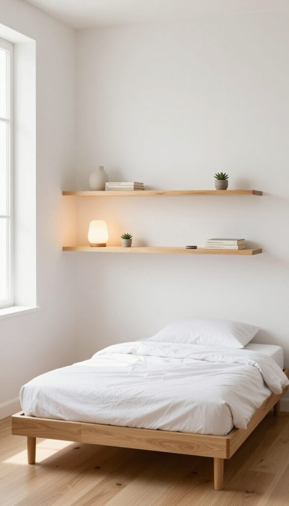 Small bedroom with floating shelves instead of nightstands, featuring a low bed, white linens, and warm wood accents.
