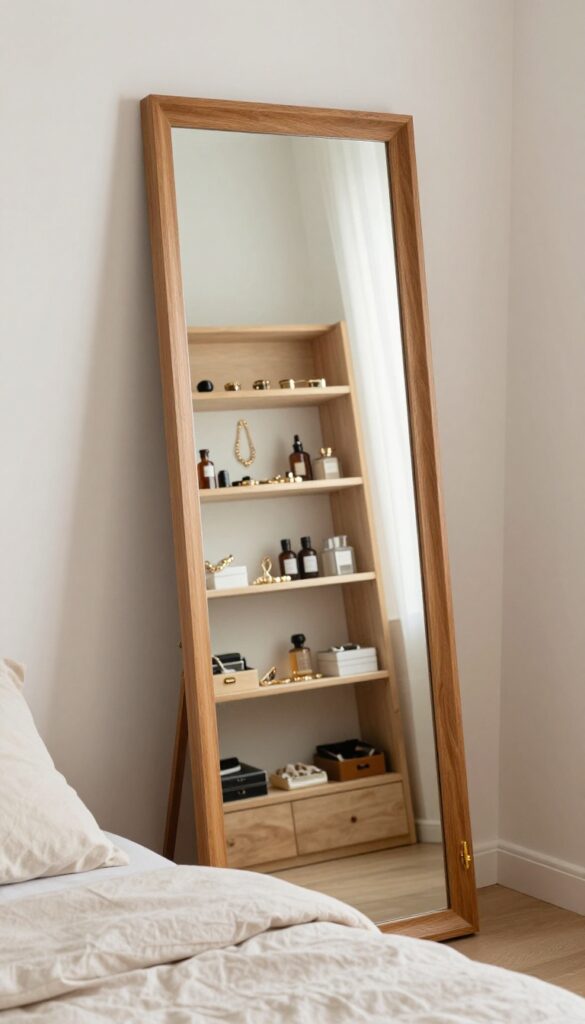 A full-length mirror leaning against a bedroom wall, opened to reveal hidden shelves with jewelry and perfume.