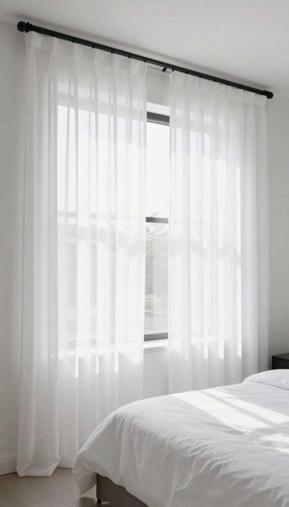 Sheer white curtains with black rods in a bright bedroom