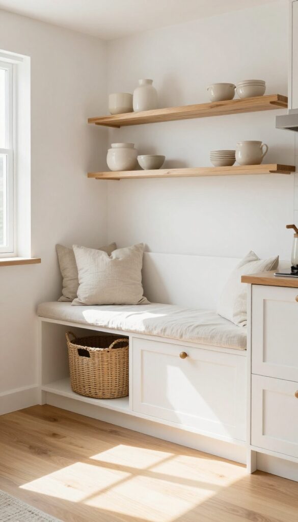 Warm kitchen banquette with under-bench storage drawers and woven baskets, natural light, cozy and organized feel.
