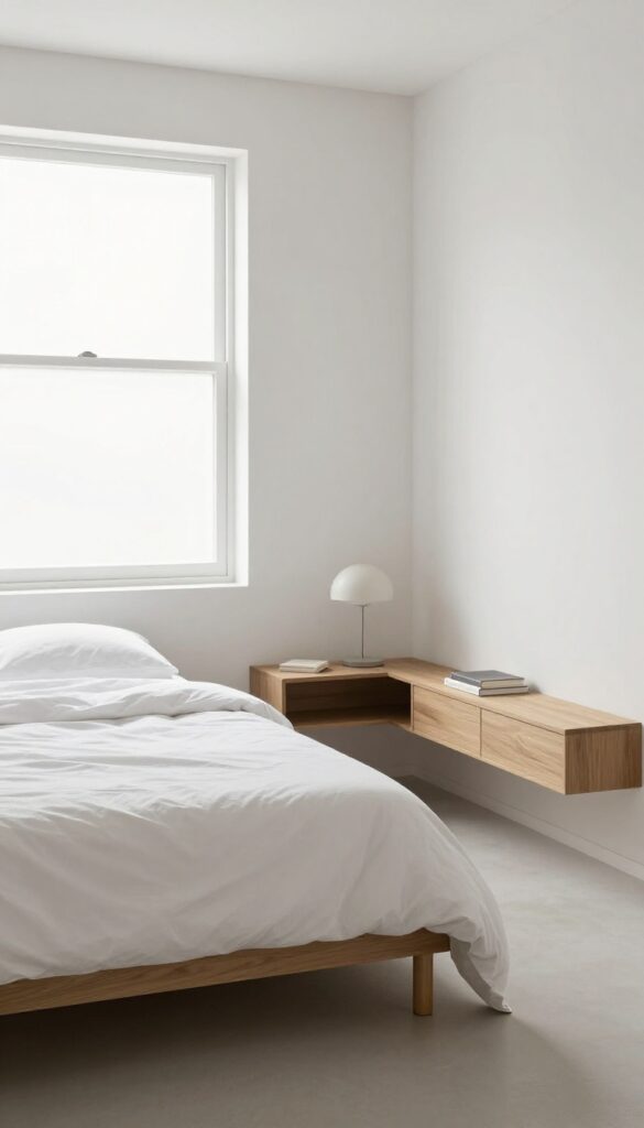 Small bedroom with king bed and floating nightstands mounted on wall, no floor clutter, bright natural light