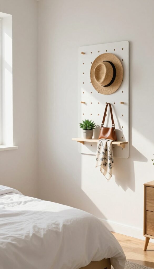 Small bedroom with a white pegboard wall holding a bag, hat, and plant, blending into the wall for a clean, organized look.