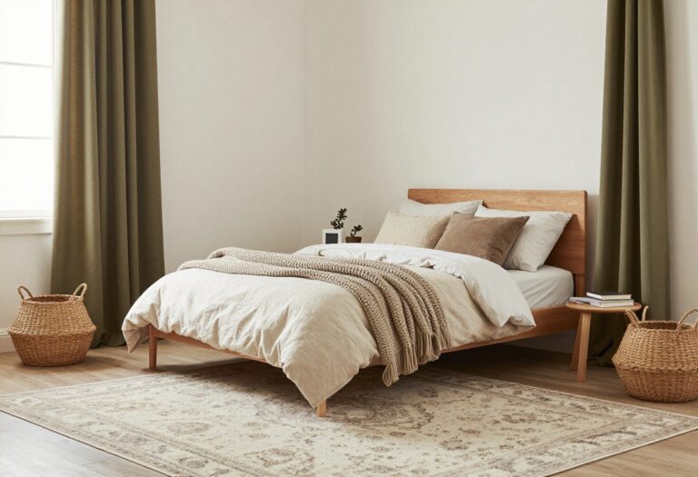 Cozy boys bedroom with layered bedding, chunky knit throw, wooden furniture, and soft lighting