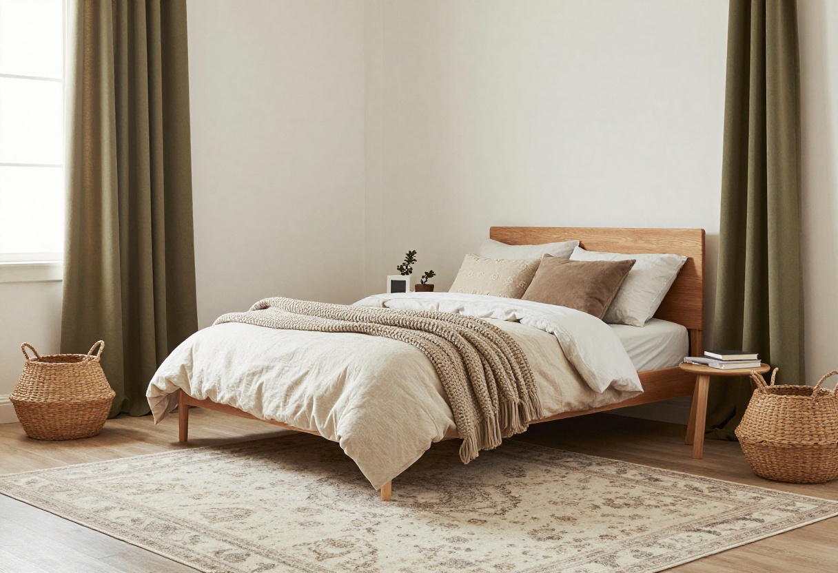 Cozy boys bedroom with layered bedding, chunky knit throw, wooden furniture, and soft lighting