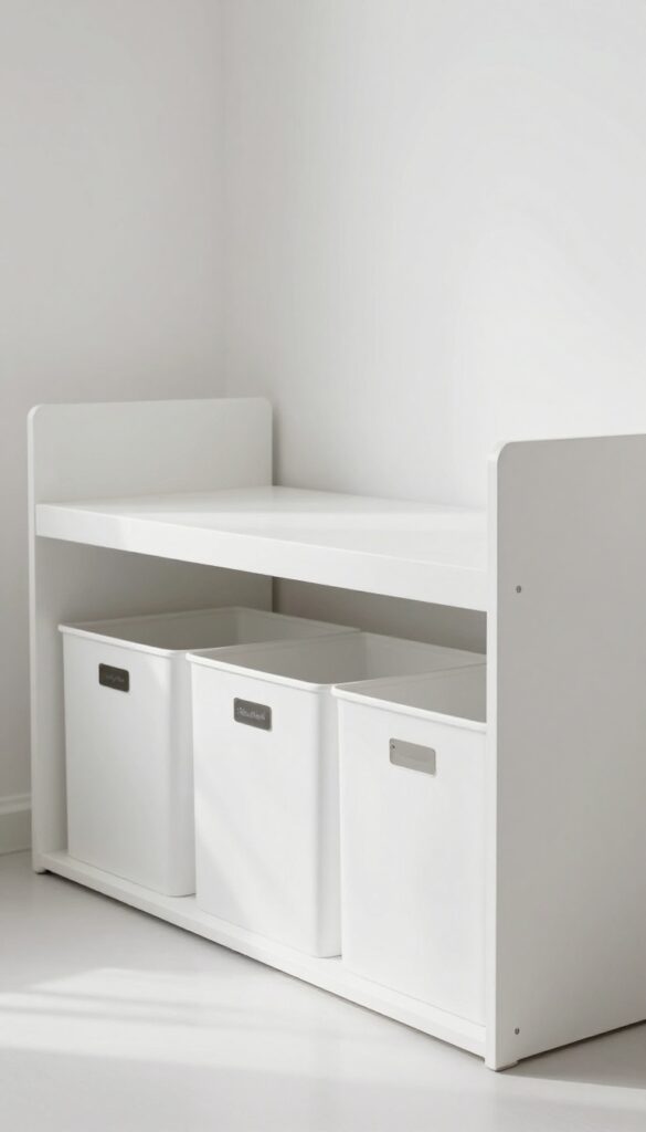 Under-bed rolling storage bins in a clean white minimalist bedroom