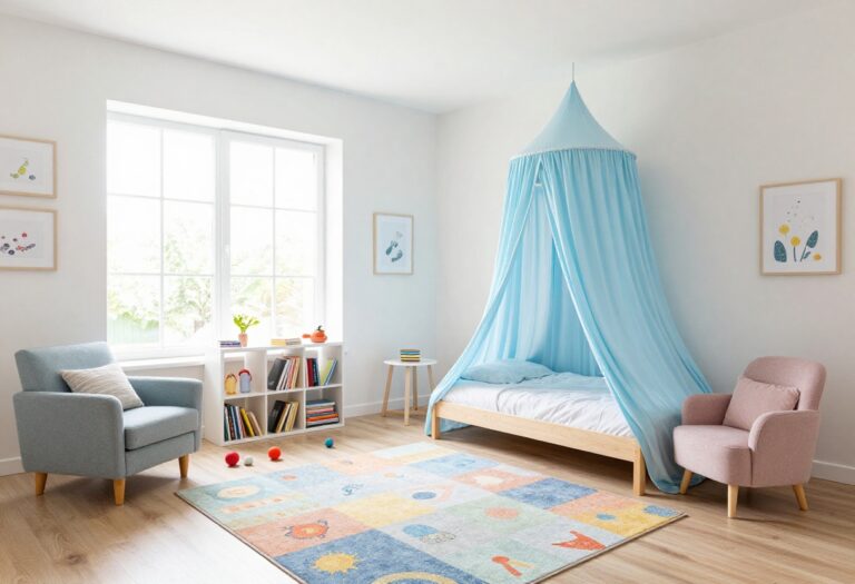 Cozy little boy's bedroom with loft bed, canopy, reading nook, and colorful rug
