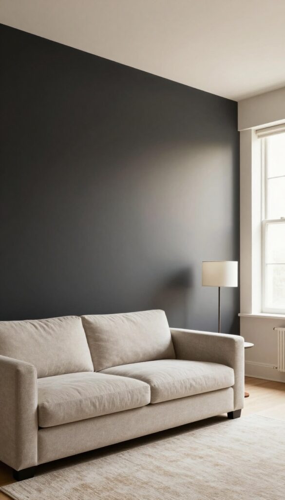 Living room with ombre wall from charcoal to cream, high ceiling, natural light, neutral furniture, cozy atmosphere