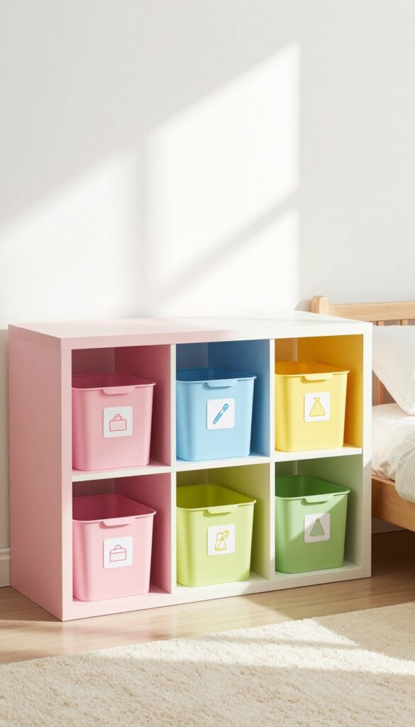 Color-coded bins with labels on open shelving in a kids' bedroom, organized by category with pastel colors and picture labels.