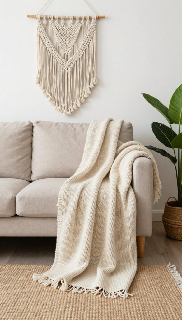 Chunky knit throw draped over sofa in cozy boho living room