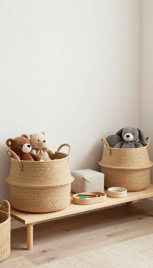 Kids bedroom with woven seagrass basket, fabric cubes, and woven tray on a shelf, natural light, cozy and organized.