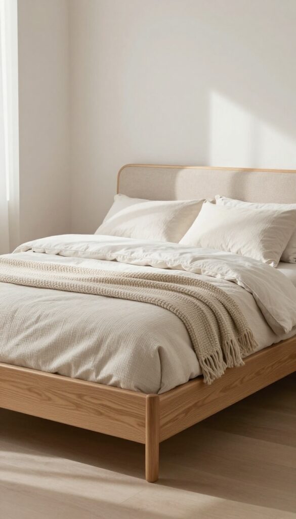 Platform bed with built-in drawers in a cozy small bedroom