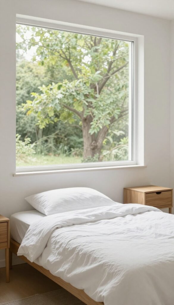 A large floor mirror reflecting a window and greenery in a small, bright bedroom, creating an illusion of more space.