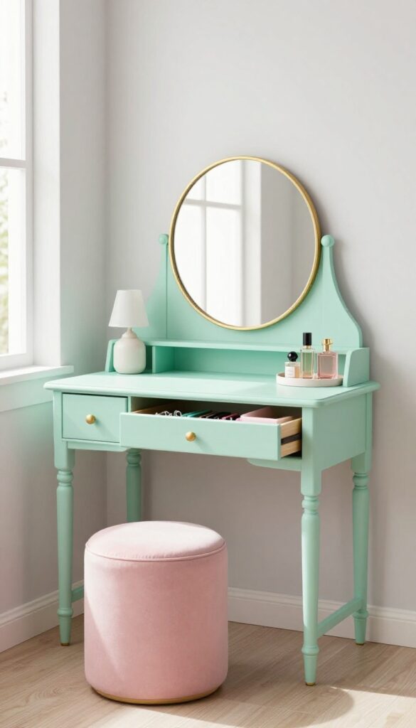 DIY vanity from a thrifted desk painted mint green with mirror, lamp, and stool in a teen girl's bedroom