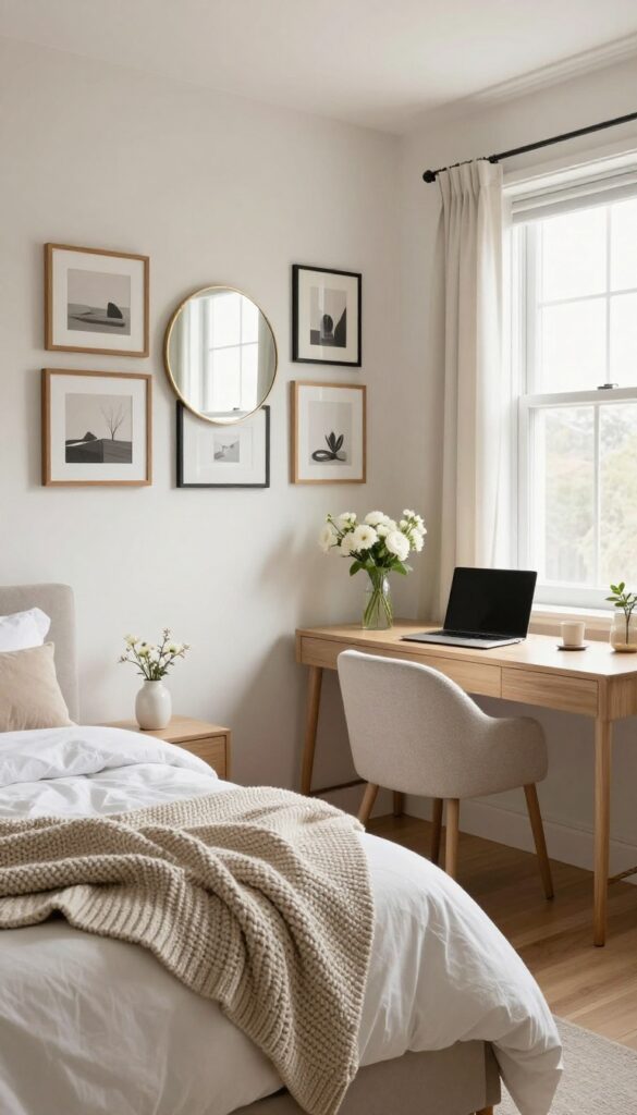 A cozy guest bedroom office with a gallery wall, desk, chair with knit throw, and fresh flowers, combining personal decor with guest-ready touches.