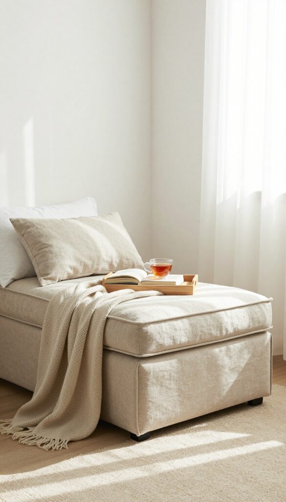 Storage ottoman at foot of bed in small bedroom