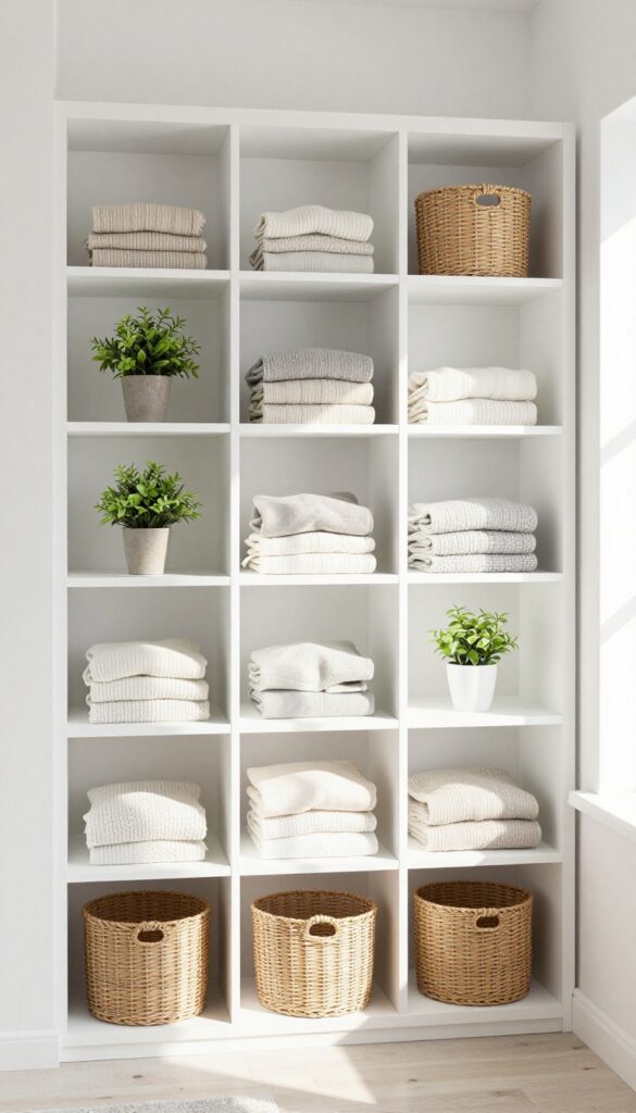 Small bedroom with floor-to-ceiling white shelving that blends into the wall, styled with baskets and a plant.