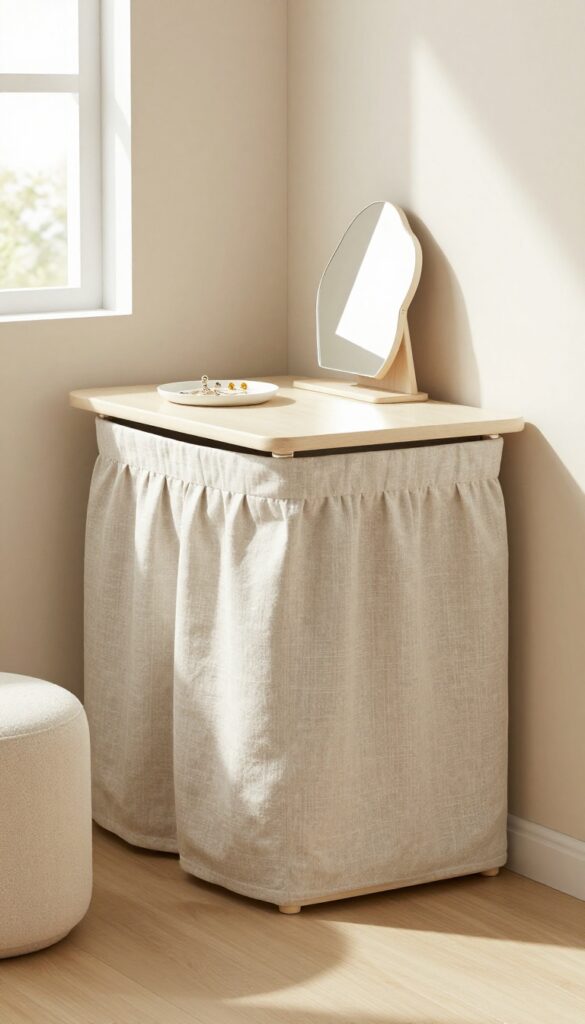 Small corner desk with fabric skirt in bedroom, mirror and jewelry tray on top, natural light