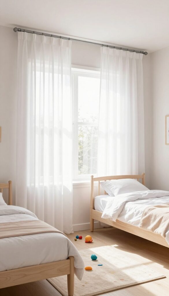 Small shared kids bedroom with ceiling-mounted curtain track creating a flexible sleep zone, two twin beds, play area, natural light, pastel accents.