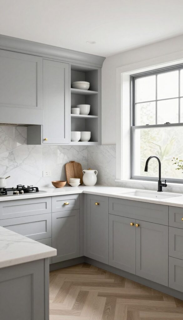Soft grey kitchen cabinets with brass hardware, white countertops, and natural light.